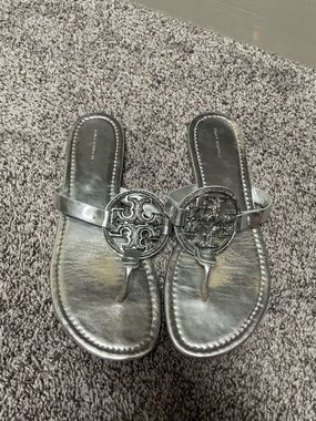 Jeweled Tory Burch Metallic Silver Miller Logo Thong Sandals